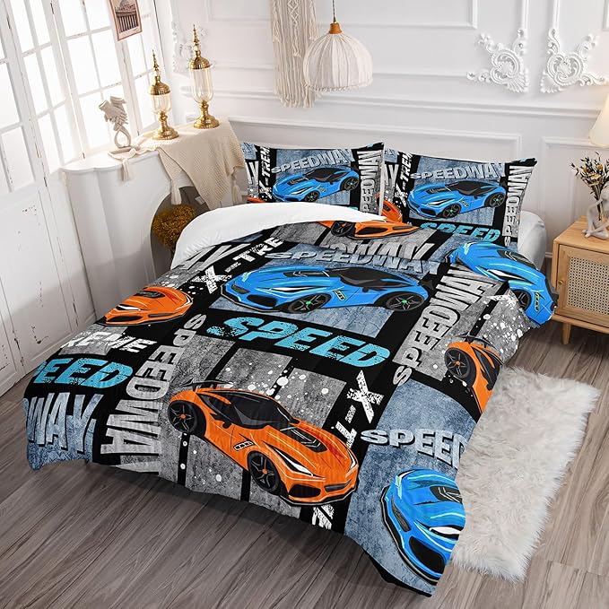 Datura home Sports Car Comforter Set Vintage Racing Car Printed Quilt Bedding Set with 1 Comforter and 2 Pillowcases for Boys and Girls Bedroom All Season(Sports Car Twin) - LeafyLoom