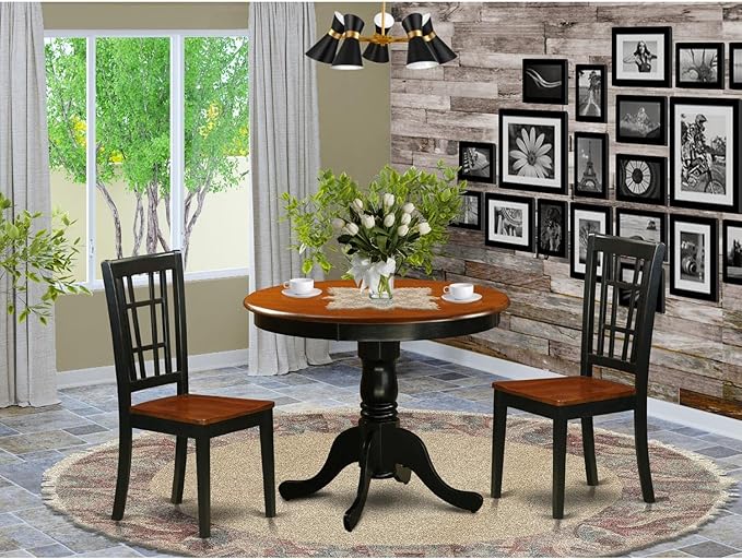 East West Furniture ANNI3-BLK-W 3 Piece Modern Set Contains a Round Kitchen Table with Pedestal and 2 Dining Room Chairs, 36x36 Inch, Black & Cherry - LeafyLoom