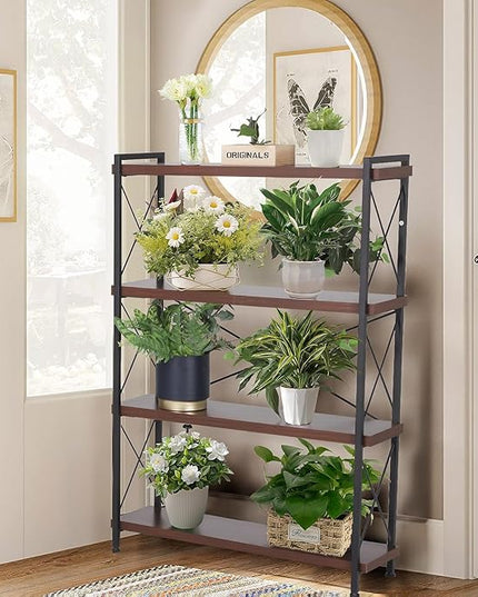 Industrial Bookshelf,Rustic Open Shelf Bookcase,4 Tier Book Shelf for Bedroom Office Living Room,Small Bookshelf for Small Spaces with Metal Frame - LeafyLoom