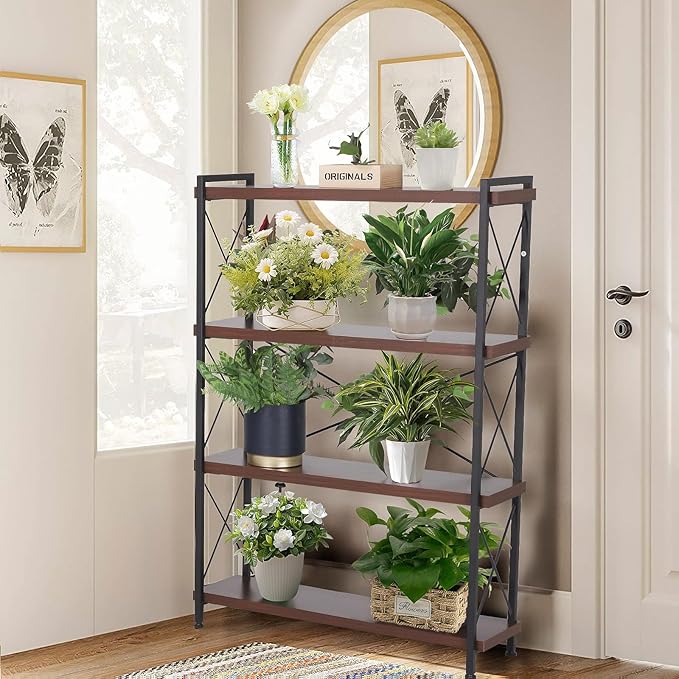 Industrial Bookshelf,Rustic Open Shelf Bookcase,4 Tier Book Shelf for Bedroom Office Living Room,Small Bookshelf for Small Spaces with Metal Frame - LeafyLoom