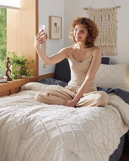 Bedsure Twin XL Comforter Set - Beige Twin Extra Long Comforter Set for College, Shabby Chic Dorm Bedding Set, 2 Pieces Boho Farmhouse Bed Set, includes 1 Pillow Sham - LeafyLoom