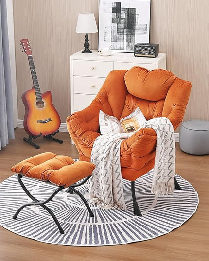 Lazy Chair and Ottoman, Large Accent Lounge Chair with Armrests and a Side Pocket, Modern Leisure Upholstered Sofa Reading Armchair with Footrest for Bedroom, Living Room, Dorm Rooms, Office - LeafyLoom