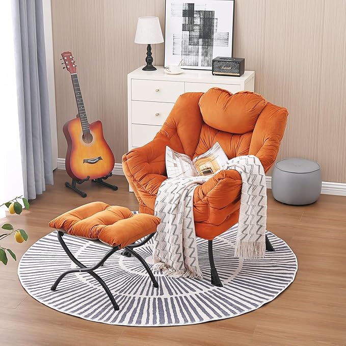 Lazy Chair and Ottoman, Large Accent Lounge Chair with Armrests and a Side Pocket, Modern Leisure Upholstered Sofa Reading Armchair with Footrest for Bedroom, Living Room, Dorm Rooms, Office - LeafyLoom