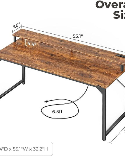SUPERJARE 55 inch Computer Desk with LED Lights & Power Outlets, Gaming Desk with Monitor Shelf, Small Office Desk for Home & Office, Rustic Brown - LeafyLoom