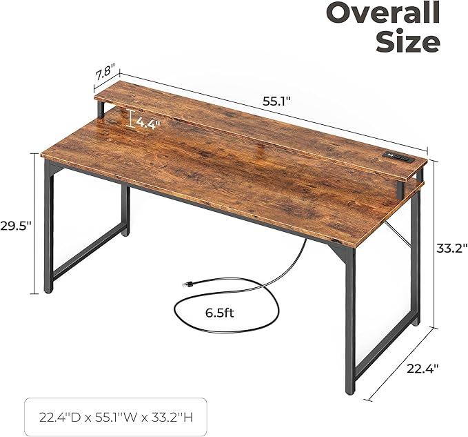 SUPERJARE 55 inch Computer Desk with LED Lights & Power Outlets, Gaming Desk with Monitor Shelf, Small Office Desk for Home & Office, Rustic Brown - LeafyLoom