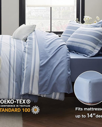 Bedsure Bed in a Bag Queen 7 Pieces - Blue Striped Comforter Set Queen All Season Bed Set, Bed Set Queen Size with 1 Comforter, 1 Flat Sheet, 1 Fitted Sheet, 2 Pillowcases & 2 Shams - LeafyLoom