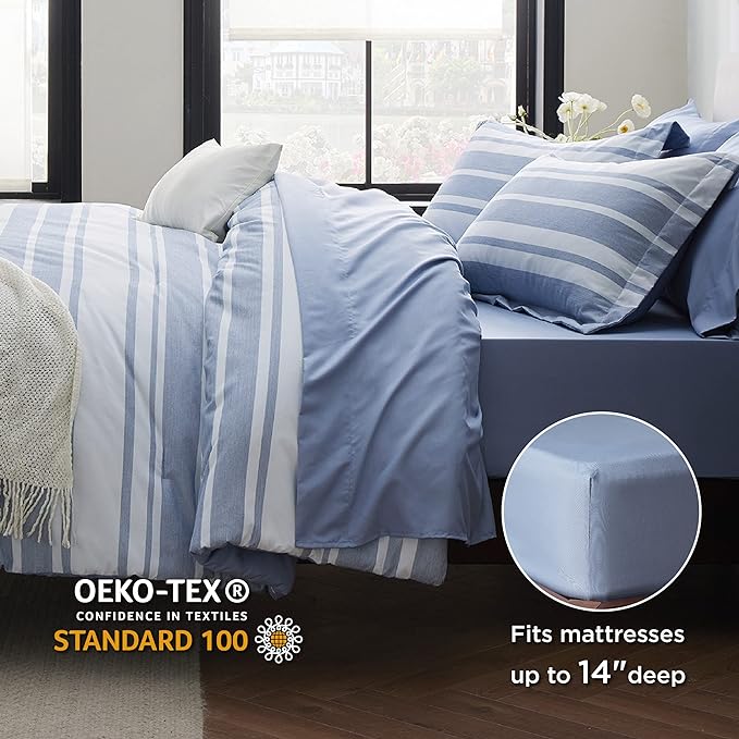 Bedsure Bed in a Bag Queen 7 Pieces - Blue Striped Comforter Set Queen All Season Bed Set, Bed Set Queen Size with 1 Comforter, 1 Flat Sheet, 1 Fitted Sheet, 2 Pillowcases & 2 Shams - LeafyLoom