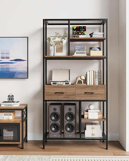Book Shelf, Tall Bookcase with Storage, 6-Tier Industrial Bookshelf with 2 Wooden Drawers for Home Office and Living Room, Brown - LeafyLoom
