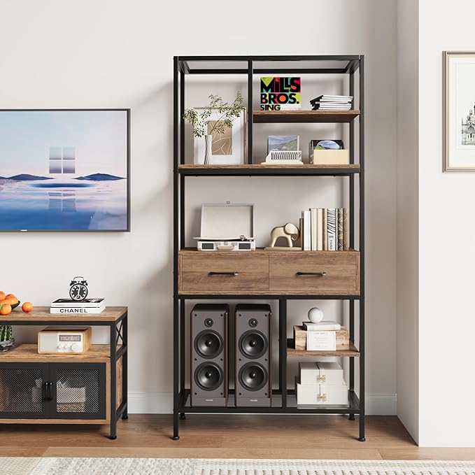 Book Shelf, Tall Bookcase with Storage, 6-Tier Industrial Bookshelf with 2 Wooden Drawers for Home Office and Living Room, Brown - LeafyLoom