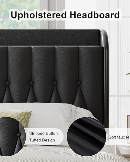 Feonase Queen Bed Frame with Type-C & USB Port, Metal Platform Beds, with Faux Leather Upholstered Headboard & Footboard, 12" Underbed Storage Space, Easy Assembly, Noise-Free, Black - LeafyLoom