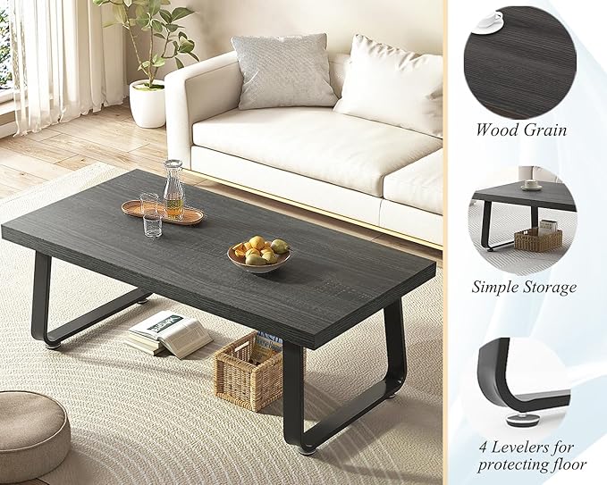 HSH Coffee Table, Industrial Wooden Coffee Table, Modern Minimalist Rectangular Center Table for Living Room, Wood and Metal Legs Cocktail Tea Table for Bedroom Home Office, Dark Gray Oak, 47 Inch - LeafyLoom