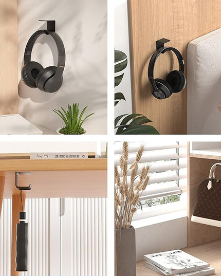 HomeMount Headphone Hook Under Desk - Headphone Holder Under Table, Adhesive Gaming Headphone Stand Hanger Desk Mount for Most Headphone（Black） - LeafyLoom