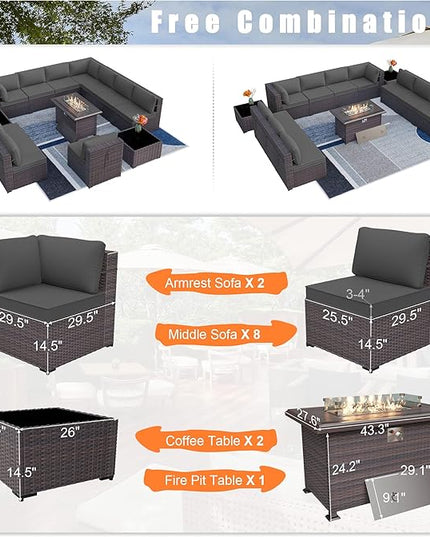 Patio Furniture Set with Fire Pit Table 13-Pieces Outdoor Sectional Furniture Outdoor Rattan Patio Conversation Sets with 43in 55,000 BTU Propane Gas Fire Pit Table Glass Table, Grey - LeafyLoom