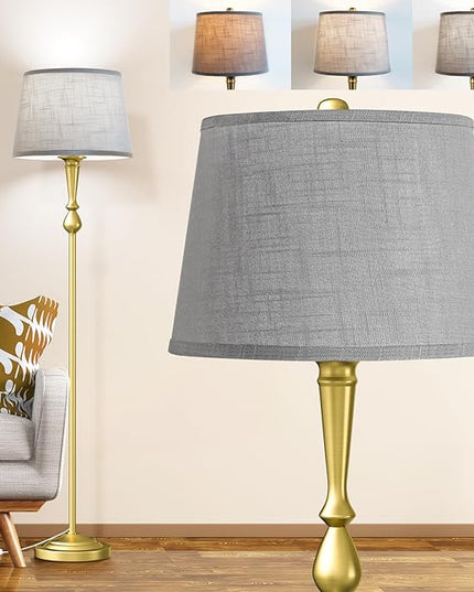 Gold Floor Lamp for Living Room with 3 Color Temperatures, Elegant Vintage Standing Lamp with Grey Linen Lampshade, Modern Floor Lamp for Bedroom, Office, 9W LED Bulb Included, Foot Switch - LeafyLoom