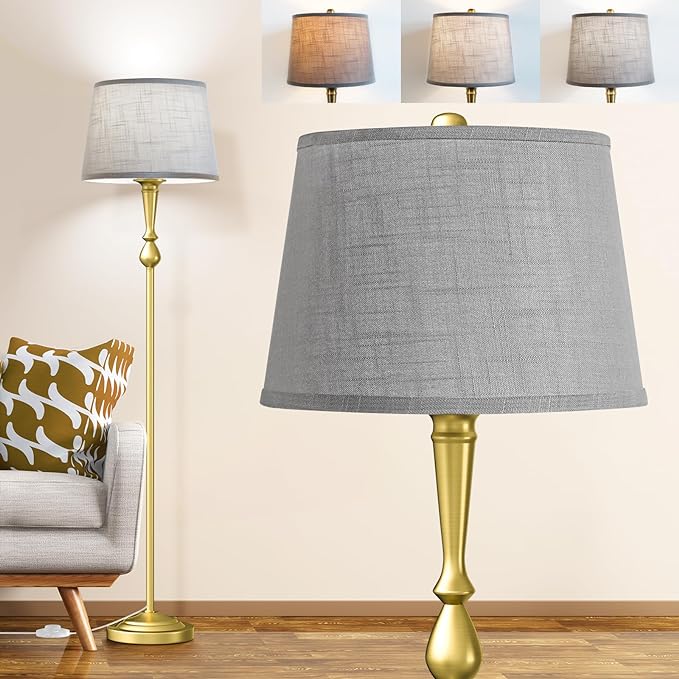 Gold Floor Lamp for Living Room with 3 Color Temperatures, Elegant Vintage Standing Lamp with Grey Linen Lampshade, Modern Floor Lamp for Bedroom, Office, 9W LED Bulb Included, Foot Switch - LeafyLoom