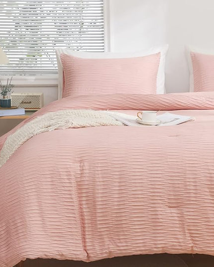 Blush Seersucker Comforter Set Twin Size (66x90 in), 2 Pieces Soft Crinkled Textured Comforter with 1 Pillowcase, Lightweight Microfiber Down Alternative Bedding Set for All Season - LeafyLoom