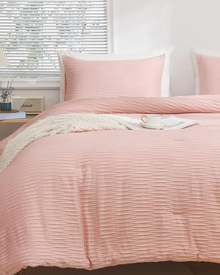 Blush Seersucker Comforter Set Full Size (79x90 in), 3 Pieces Soft Crinkled Textured Comforter with 2 Pillowcases, Lightweight Microfiber Down Alternative Bedding Set for All Season - LeafyLoom