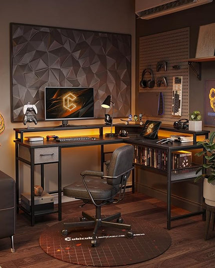 CubiCubi L Shaped Gaming Desk with LED Lights and Power Outlets, 58" Reversible Corner Computer Desk with Storage Shelves and Drawer, Home Office Desk with Monitor Stand, Black - LeafyLoom