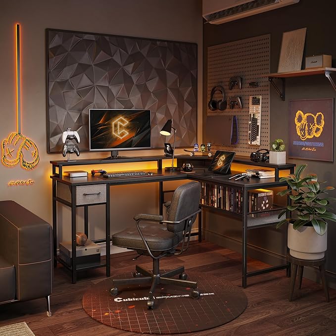 CubiCubi L Shaped Gaming Desk with LED Lights and Power Outlets, 58" Reversible Corner Computer Desk with Storage Shelves and Drawer, Home Office Desk with Monitor Stand, Black - LeafyLoom