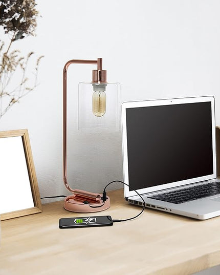 Simple Designs LD1066-RGD-LB Industrial Vintage Bronson Iron Lantern Desk Table Lamp with USB Port and Glass Cylinder Shade for Office, Living Room, Bedroom, Rose Gold, with Feit LED Bulb Included - LeafyLoom