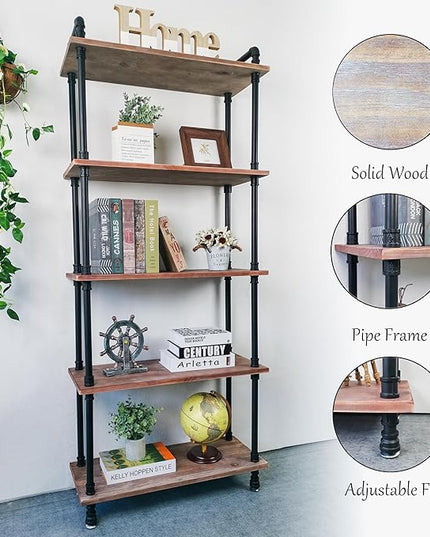 Industrial Bookshelves, Wood Pipe Bookshelf, 5 Shelf Rustic Display Storage Tall Standing Shelf Bookcase for Living Room, Kitchen, Office (Weathered Brown, 29.5" L x 11.8" W x 70" H) - LeafyLoom