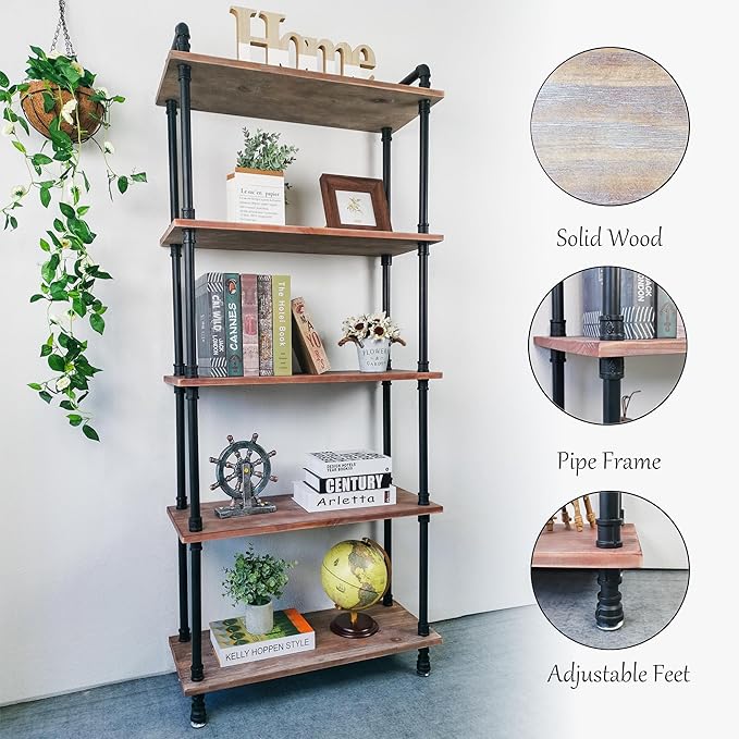 Industrial Bookshelves, Wood Pipe Bookshelf, 5 Shelf Rustic Display Storage Tall Standing Shelf Bookcase for Living Room, Kitchen, Office (Weathered Brown, 29.5" L x 11.8" W x 70" H) - LeafyLoom