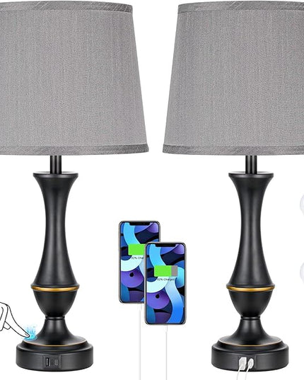 Touch Lamps for Bedrooms Set of 2 - Nightstand Table Lamp with USB C+A, 3 Way Dimmable Bedside Lamps for Living Room End Tables Set of 2, Farmhouse Night Stand Lamps for Bed Side Guest Room(Grey) - LeafyLoom