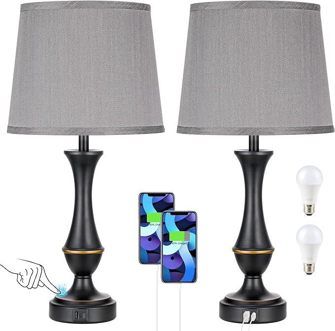 Touch Lamps for Bedrooms Set of 2 - Nightstand Table Lamp with USB C+A, 3 Way Dimmable Bedside Lamps for Living Room End Tables Set of 2, Farmhouse Night Stand Lamps for Bed Side Guest Room(Grey) - LeafyLoom