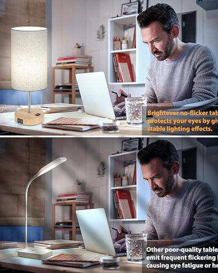 Bedside Table Lamps with 2 USB Charging Ports & AC Outlet, Set of 2 Touch Control Wooden Base Nightstand 3-Way Dimmable Lamps with Beige Fabric Shade for Bedroom, Living Room, A19 E26 Bulbs included - LeafyLoom