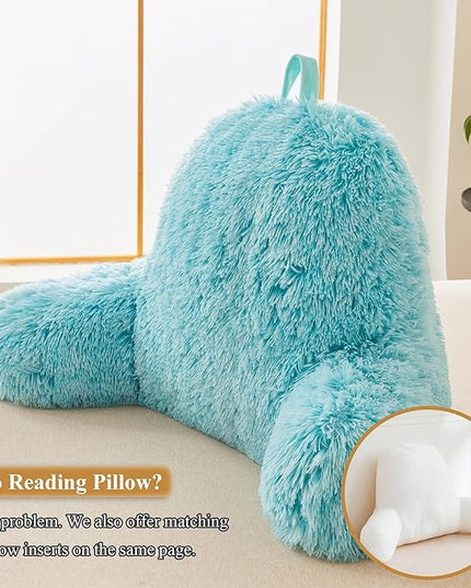 XeGe Faux Fur Reading Pillow Cover (No Filler), Fluffy Back Rest Pillow Case for Bed Sitting Up, Adults Kids Gaming Shaggy Sit Up Back Support Pillow Cover with Arms for Couch Chair Car, Aqua Ombre - LeafyLoom