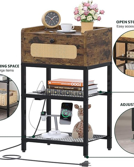 Night Stand set 2, Side Table with Rattan Drawer, Nightstand with Charging Station, Industrial Bedside Table with 3-Tier Storage, Rustic Brown JET003CSR2 - LeafyLoom