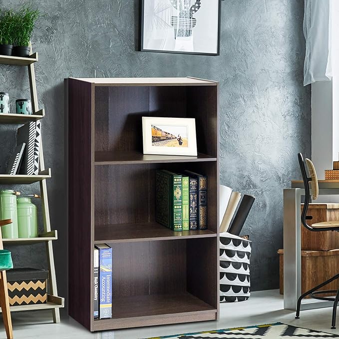 Furinno Basic 3-Tier Bookcase Storage Shelves, Dark Brown - LeafyLoom