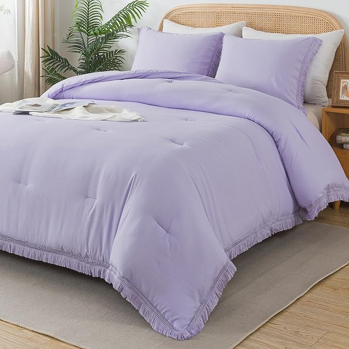 Andency California King Comforter Set Lavender - Purple 3 Pieces Cal King Boho Lightweight Bedding Comforter Sets, Oversized All Season Tassel Soft Fluffy Bed Set (104x96In Comforter & 2 Pillowcases) - LeafyLoom