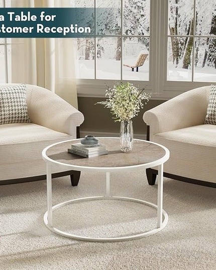 SAYGOER Marble Coffee Table Small Round Center Table Simple Modern Boho for Living Room Home Office, 27.6 * 27.6 * 17.7, Easy Assembly, Cream White Faux Marble - LeafyLoom