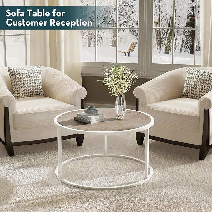 SAYGOER Marble Coffee Table Small Round Center Table Simple Modern Boho for Living Room Home Office, 27.6 * 27.6 * 17.7, Easy Assembly, Cream White Faux Marble - LeafyLoom
