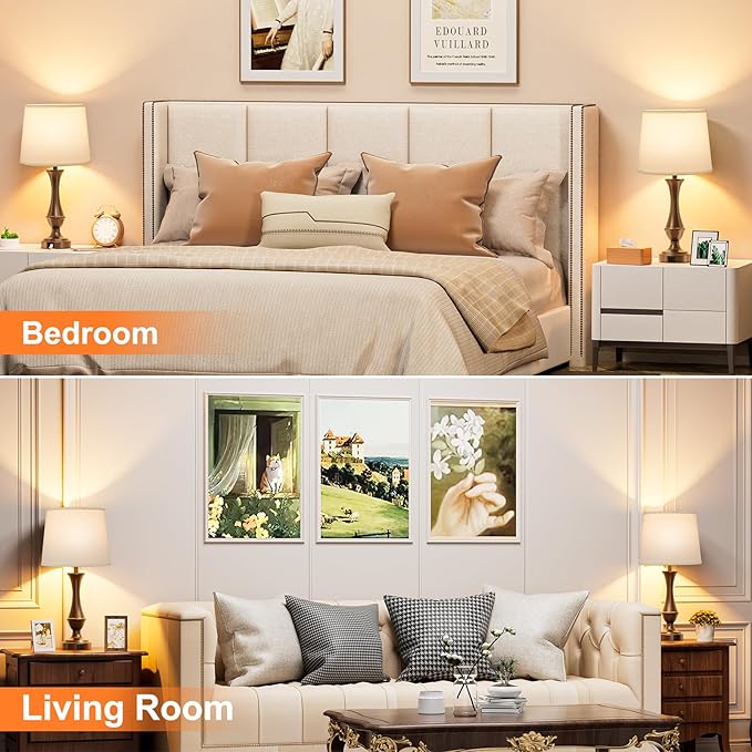 Touch Lamps for Bedrooms Set of 2 - Nightstand Table Lamp with USB C+A, 3 Way Dimmable Bedside Lamps for Living Room End Tables Set of 2, Farmhouse Night Stand Lamps(White&Brown) - LeafyLoom