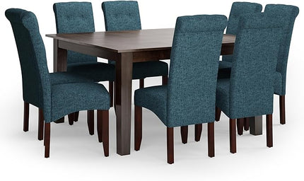SIMPLIHOME Cosmopolitan Transitional Set with 8 Upholstered Chairs Linen Look Fabric and 54 inch Wide Table for The Dining Room and Kitchen, 9 Pc, Denim Blue - LeafyLoom