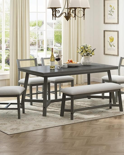 Merax 6-piece Retro Farmhouse Style Dining Set for 6 Rectangular Wood Kitchen Table with 4 Rattan Backrest Upholstered Chairs & Bench for Living Room, Home, Gray - LeafyLoom