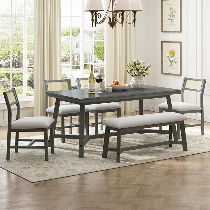 Merax 6-piece Retro Farmhouse Style Dining Set for 6 Rectangular Wood Kitchen Table with 4 Rattan Backrest Upholstered Chairs & Bench for Living Room, Home, Gray - LeafyLoom