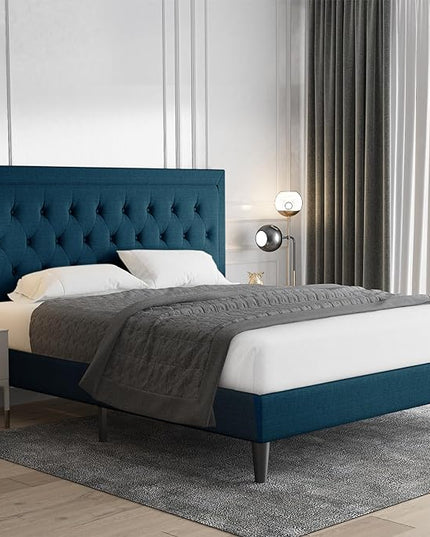 Allewie Full Size Bed Frame Upholstered Platform Bed with Adjustable Headboard, Button Tufted, Wood Slat Support, Easy Assembly, Blue - LeafyLoom