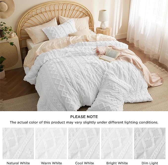 Bedsure Twin/Twin XL Comforter Set Dorm Bedding - White Boho Bedding Comforter Set, 2 Pieces Farmhouse Shabby Chic Embroidery Bed Set, Soft Jacquard Tufted Comforter for College - LeafyLoom