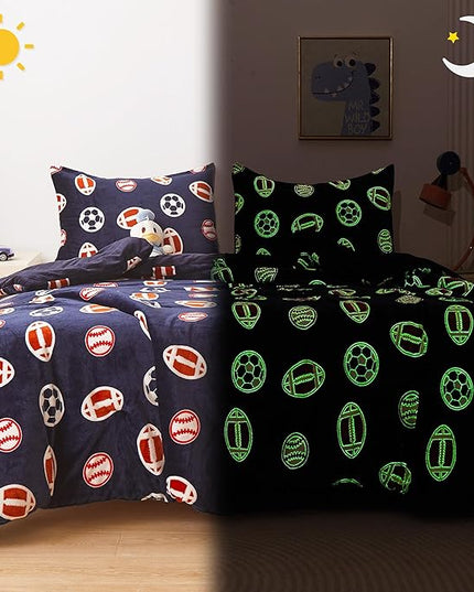 Mooreeke Glow in The Dark Twin Plush Fleece Comforter Bed Set, Soft & Warm 2 Piece Bed in A Bag with Sham, Velour Velvet Football Basketball Soccer Rugby Boys Kids Bedding Set, Fluffy Fuzzy Polar Cozy - LeafyLoom