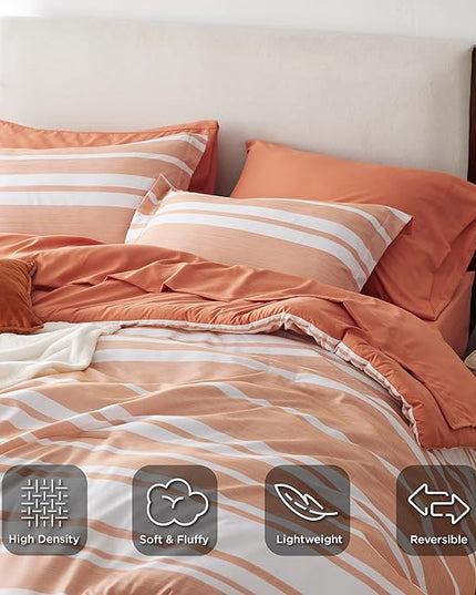 Bedsure Bed in a Bag Queen Size 7 Pieces, Burnt Orange White Striped Bedding Comforter Sets All Season Bed Set, 2 Pillow Shams, Flat Sheet, Fitted Sheet and 2 Pillowcases - LeafyLoom