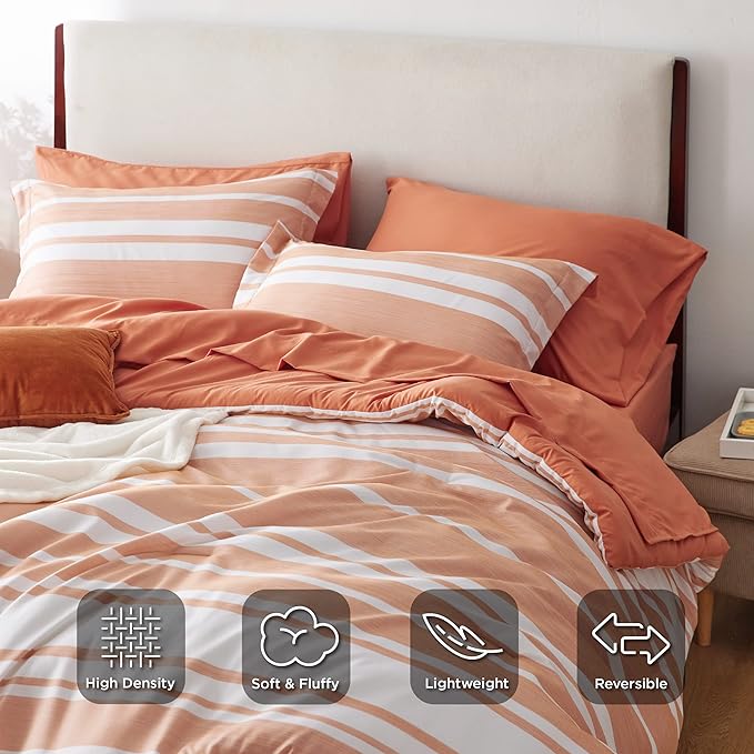 Bedsure Bed in a Bag Queen Size 7 Pieces, Burnt Orange White Striped Bedding Comforter Sets All Season Bed Set, 2 Pillow Shams, Flat Sheet, Fitted Sheet and 2 Pillowcases - LeafyLoom