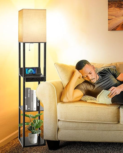 Floor Lamp with Shelves, RUNTOP LED Shelf Floor Lamp with Wireless Charger & 2 Charging USB Ports & Drawer, AC Outlet, 3 Color Temperature Tall Standing Lamp with Bulb for Living Room, Bedroom, Office - LeafyLoom