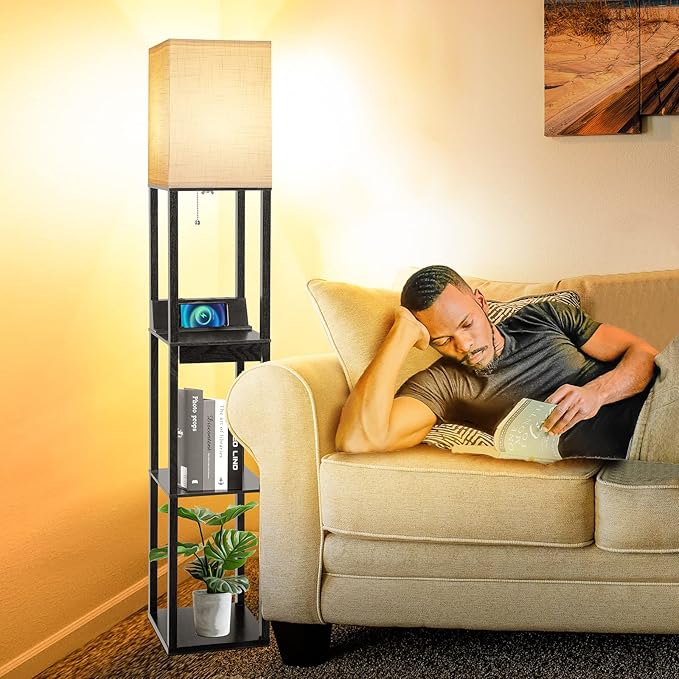 Floor Lamp with Shelves, RUNTOP LED Shelf Floor Lamp with Wireless Charger & 2 Charging USB Ports & Drawer, AC Outlet, 3 Color Temperature Tall Standing Lamp with Bulb for Living Room, Bedroom, Office - LeafyLoom