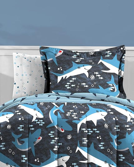 dream FACTORY Kids 7-Piece Complete Set Easy-Wash Super Soft Microfiber Comforter Bedding, Full, Blue Sharks - LeafyLoom