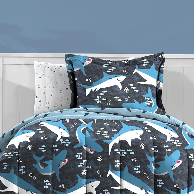 dream FACTORY Kids 7-Piece Complete Set Easy-Wash Super Soft Microfiber Comforter Bedding, Full, Blue Sharks - LeafyLoom
