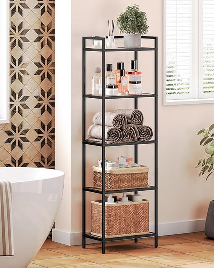 HOOBRO 5-Tier Bookcase, Metal Bookshelf, Tempered Glass Bookshelves, Slim Shelving Unit for Living Room, Narrow Bookshelf for Small Spaces, Storage Rack Display Shelf for Home Office, Black BK45SJ01 - LeafyLoom