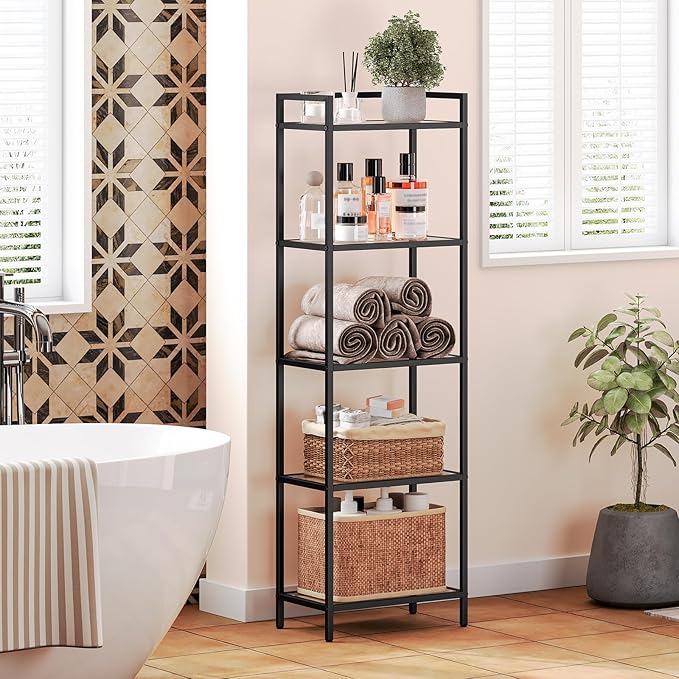 HOOBRO 5-Tier Bookcase, Metal Bookshelf, Tempered Glass Bookshelves, Slim Shelving Unit for Living Room, Narrow Bookshelf for Small Spaces, Storage Rack Display Shelf for Home Office, Black BK45SJ01 - LeafyLoom